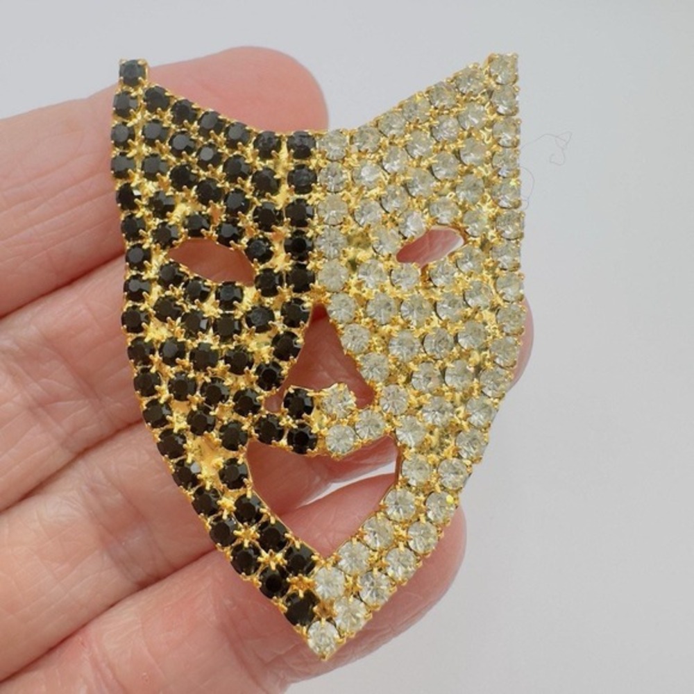 Siluane Mask Brooch Rhinestone Gold Tone Black Clear Crystal Theatrical Mask Pin